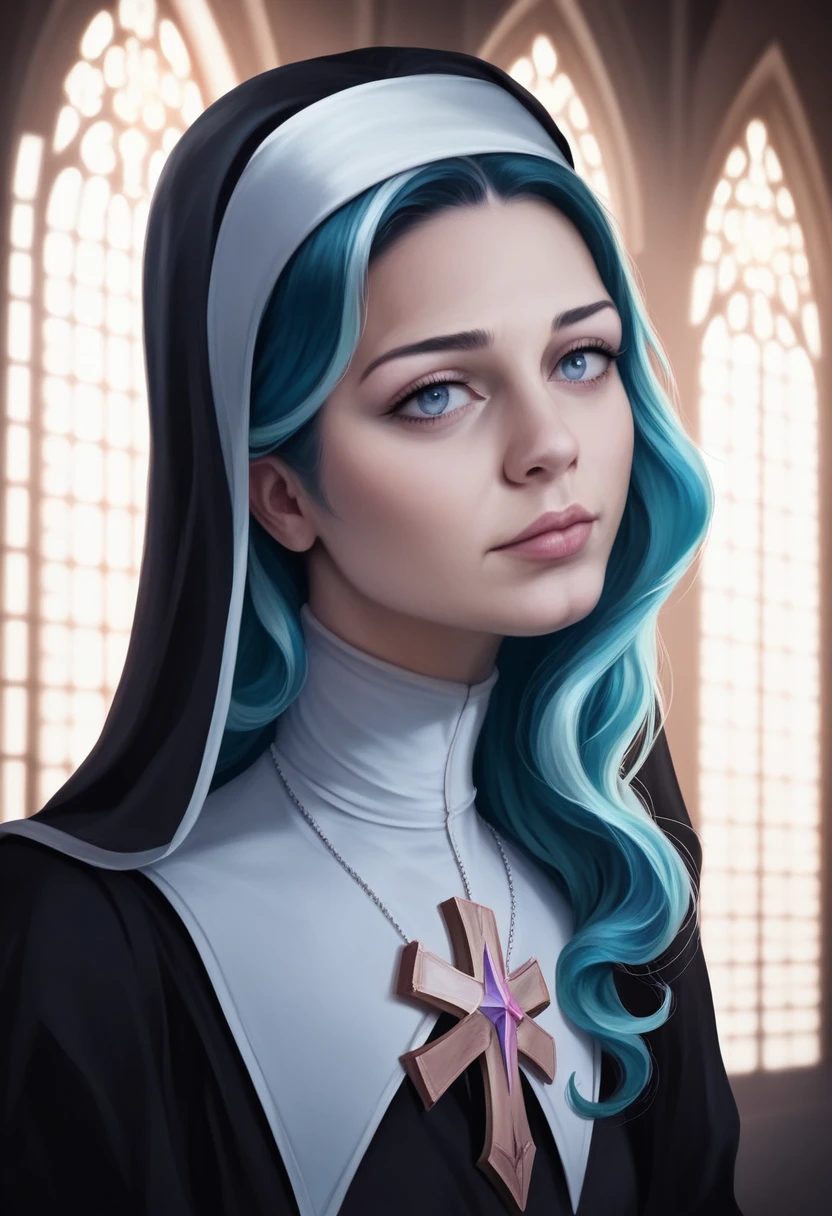 a beautiful young girl with long blue hair, a nun, (best quality,4k,8k,highres,masterpiece:1.2),ultra-detailed,(realistic,photorealistic,photo-realistic:1.37),exquisite lighting,shimmering hair,night city,intricate details,cinematic,dramatic lighting,volumetric lighting,ray tracing,elegant,serene,peaceful,graceful