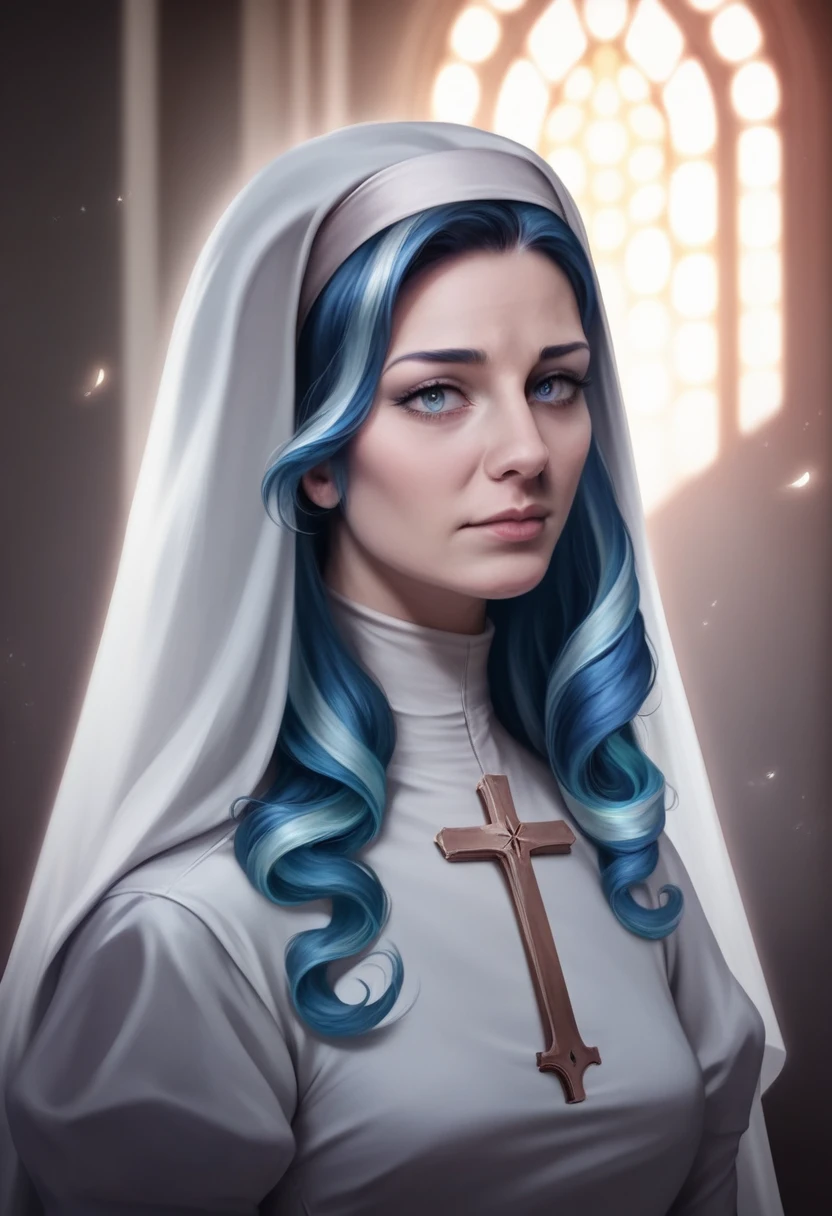 a beautiful young girl with long blue hair, a nun, (best quality,4k,8k,highres,masterpiece:1.2),ultra-detailed,(realistic,photorealistic,photo-realistic:1.37),exquisite lighting,shimmering hair,night city,intricate details,cinematic,dramatic lighting,volumetric lighting,ray tracing,elegant,serene,peaceful,graceful