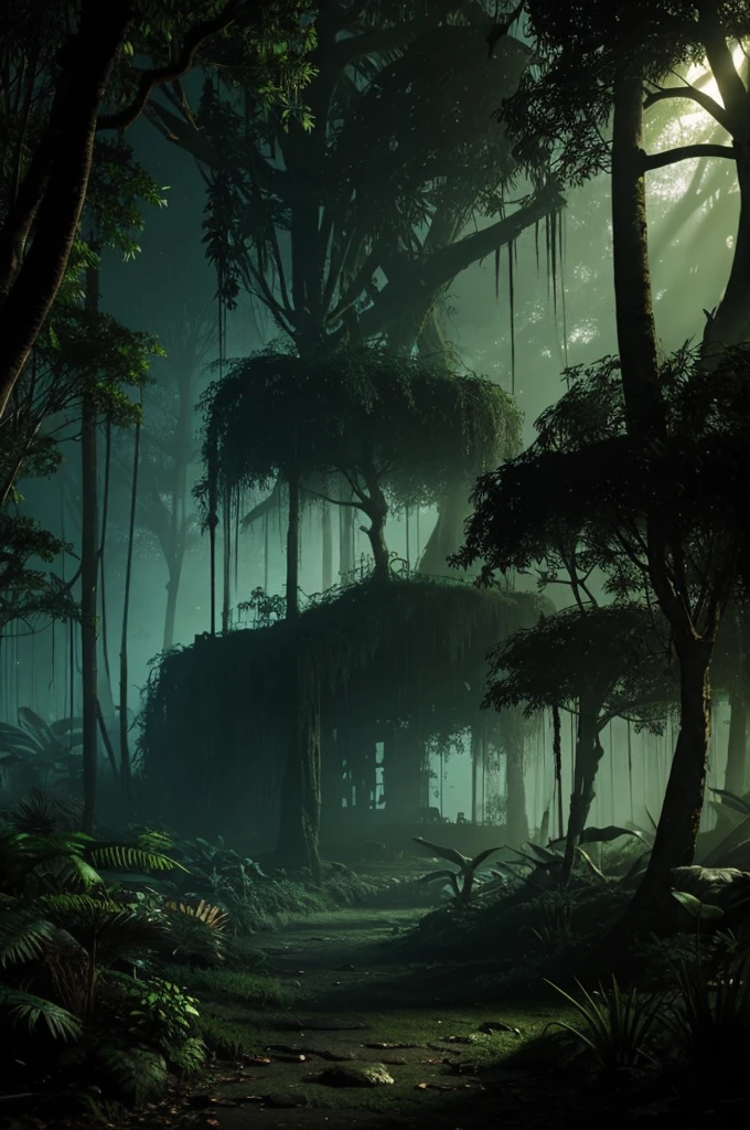 A dense, slightly eerie, and ancient jungle scene with a mix of dark and glowing light effects. This will set the mysterious atmosphere of the story.