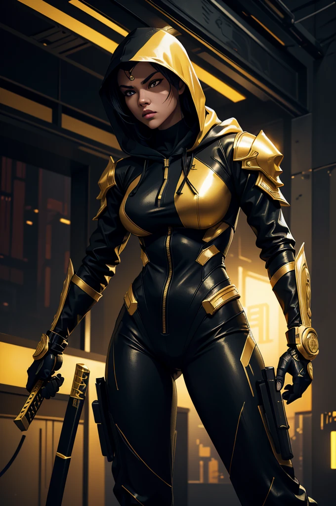 A cyber assassin with a gold katana, wearing a black and gold combination suit with a white hoodie, ultra-detailed, 8k, hyperrealistic, highly detailed, dramatic lighting, cinematic atmosphere, moody colors, neon cyberpunk, intricate details, striking pose, dynamic action, masterpiec, location samurai temple