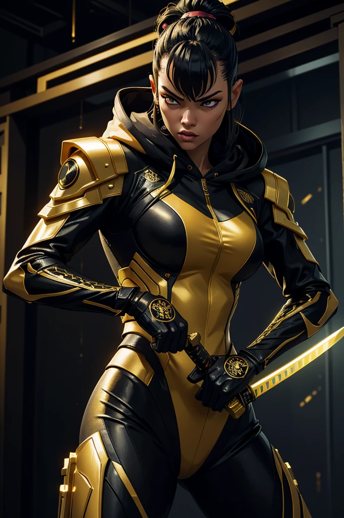 A cyber assassin with a gold katana, wearing a black and gold combination suit with a white hoodie, ultra-detailed, 8k, hyperrealistic, highly detailed, dramatic lighting, cinematic atmosphere, moody colors, neon cyberpunk, intricate details, striking pose, dynamic action, masterpiec, location samurai temple