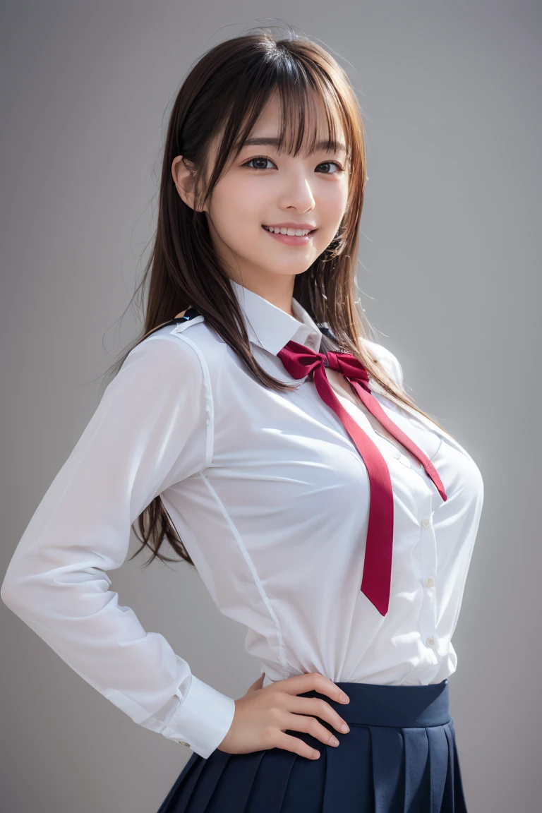 ((school uniform)),ribbon at neck,(school uniform and ((navy skirt)) and white shirt:1.1), Skin color, big , smile, (8k, RAW Photos, Highest quality, masterpiece:1.2), masterpiece, super detailed, super high quality, (Realistic and Realistic photography:1. 37), High-resolution RAW color photos, Very delicate and beautiful, highly detailed, 8k壁紙, wonderful, detailed, Very eye, very detailed, very detailed skin, very thin fingers, very detailed nose, very detailed mouth, Perfect Anatomy, Upper Body, studio, Soft lighting, A full-body shot of a cute idol wearing a one-piece swimsuit, Playful pose, Hands on hips, smile, Pastel Background, Realistic, Attention to detail, studio photography