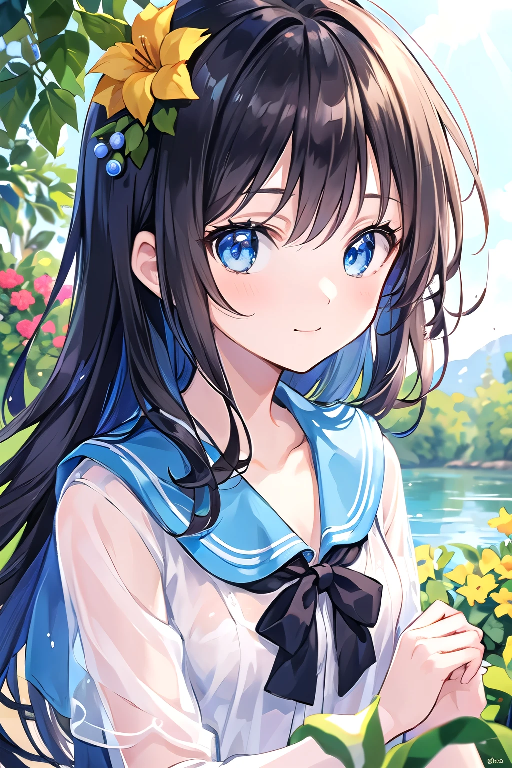 ((Highest quality)), ((masterpiece)), (detailed), , Black Hair,(Childish face), (Long Hair), Girl, small Breasts, topless, ((Blue eyes)),half-smile ,Sunlight, (close_up) , (arched back) , riverbank, flower garden,(See-through shirt),