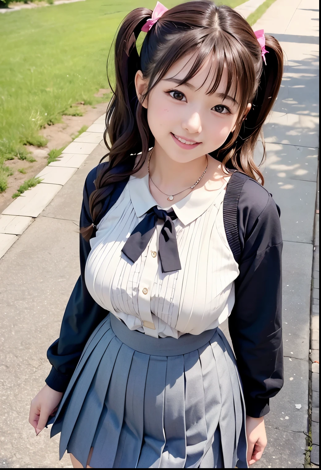 (Highest quality,masterpiece:1.3,Ultra-high resolution),(Very detailed、Caustics) (Realistic:1.4, RAW shooting、)Ultra-Realistic Capture、Very detailed、Natural skin texture、masterpiece、(A Japanese elementary school girl wearing a black blouse and pleated skirt:1.3)、Adorable expression、Expressions of happiness、10 years old、height: 140cm、Baby Face、Pure girl、Amazingly cute、Twin tail hairstyle、Curly Hair、ribbon、Black Hair、Large Breasts、Shining thighs、Shining ass、necklace、Sidewalk in a residential area、Background details、smile、An inviting gaze、(Anatomically correct)、Cowboy Shot、Attention to detail、Put your hands in your pants、