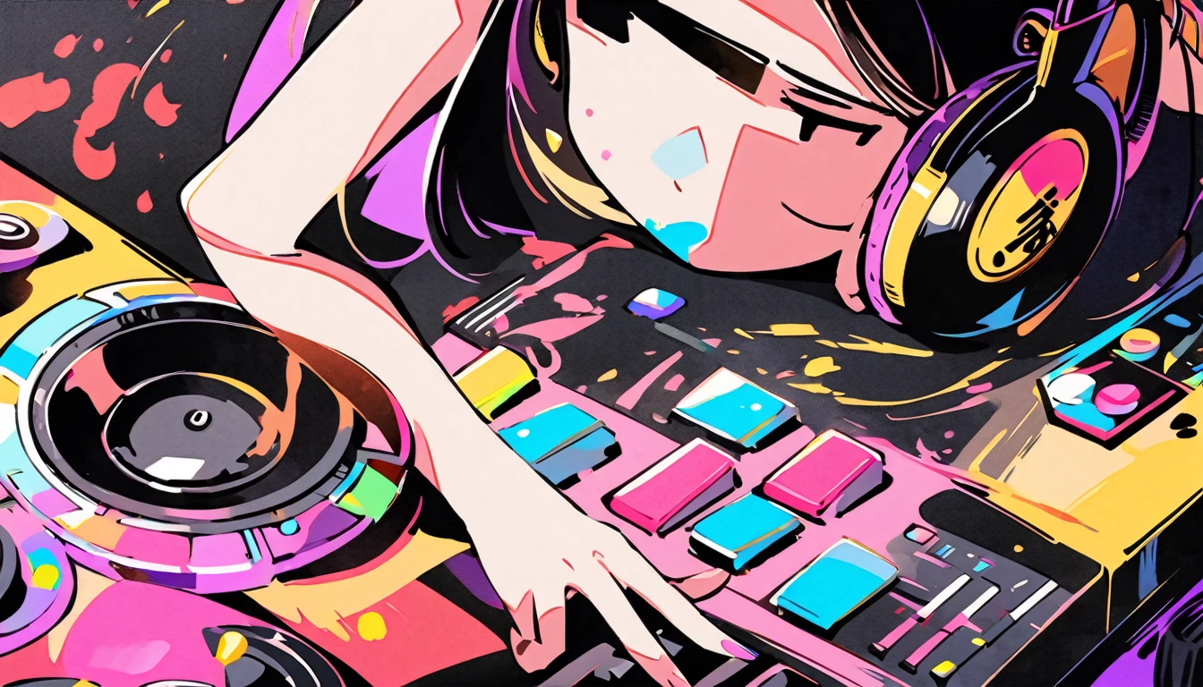 (((Ink Painting))), (((1 girl))), Japanese style headphones, Very close up, DJ's girl dance on a chair with a DJ's girl in her hand, Bright and colorful cartoon style, background ( DJ Console, Huge music speaker )