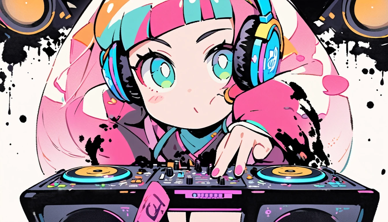 (((Ink Painting))), (((1 girl))), Japanese style headphones, Very close up, DJ's girl dance on a chair with a DJ's girl in her hand, Bright and colorful cartoon style, background ( DJ Console, Huge music speaker )