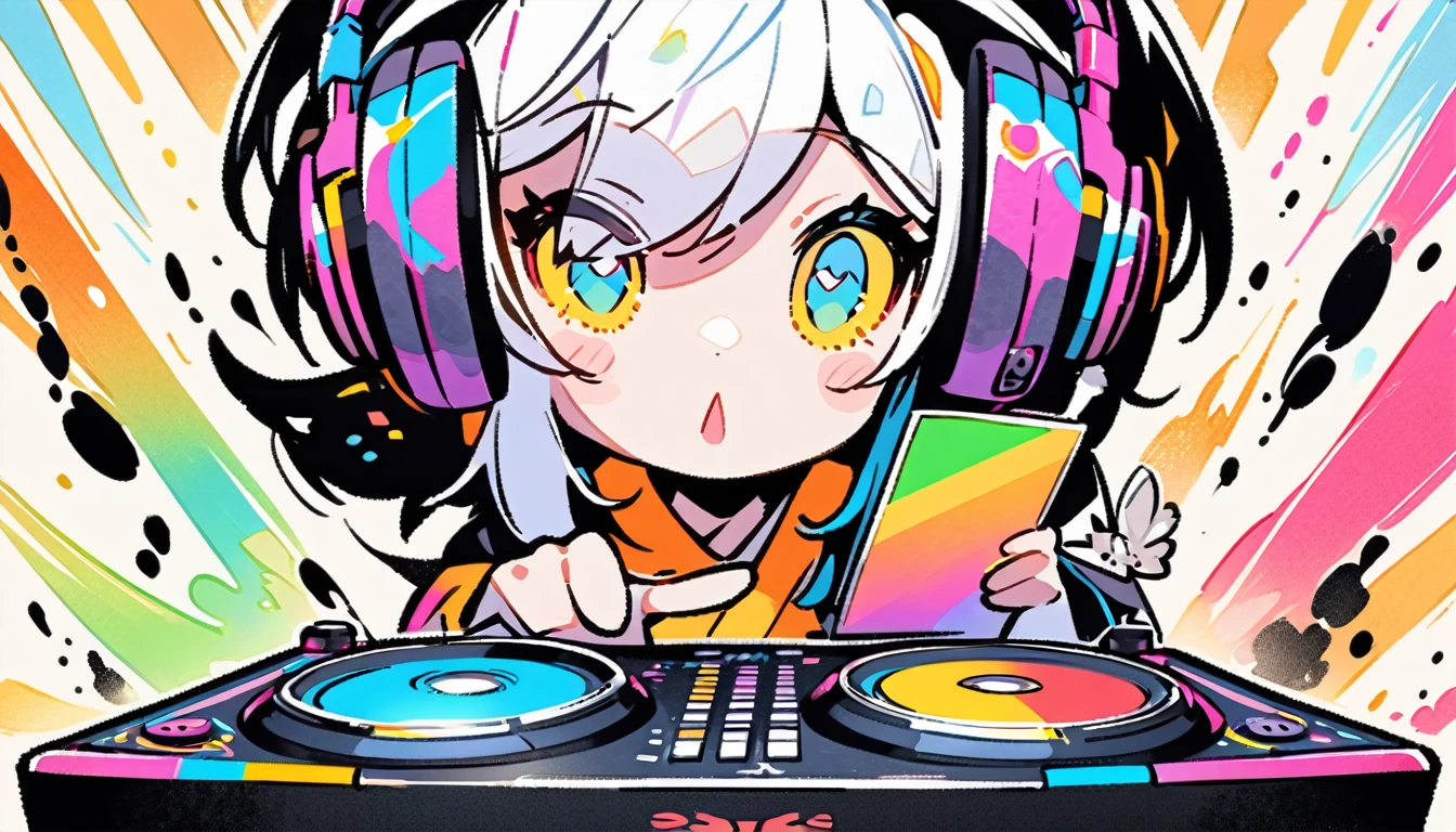 (((Ink Painting))), (((1 girl))), Japanese style headphones, Very close up, DJ's girl dance on a chair with a DJ's girl in her hand, Bright and colorful cartoon style, background ( DJ Console, Huge music speaker )
