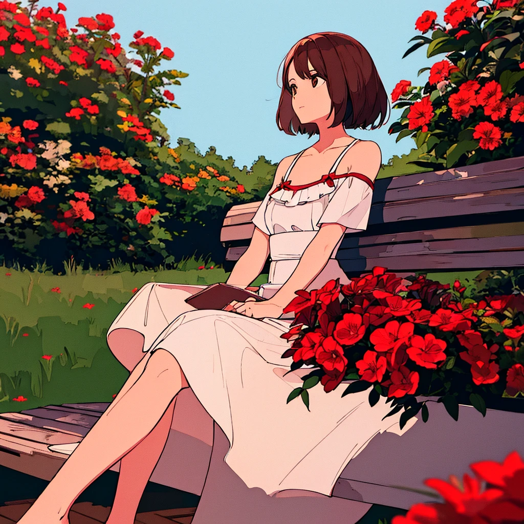 Light gray background Woman sitting on bench Red flowers Summer Brown short hair