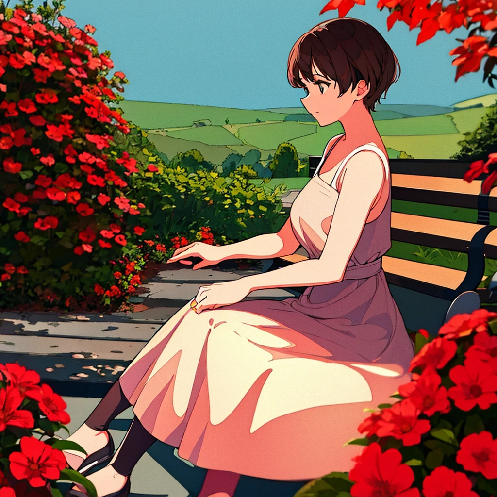 Light gray background Woman sitting on bench Red flowers Summer Brown short hair