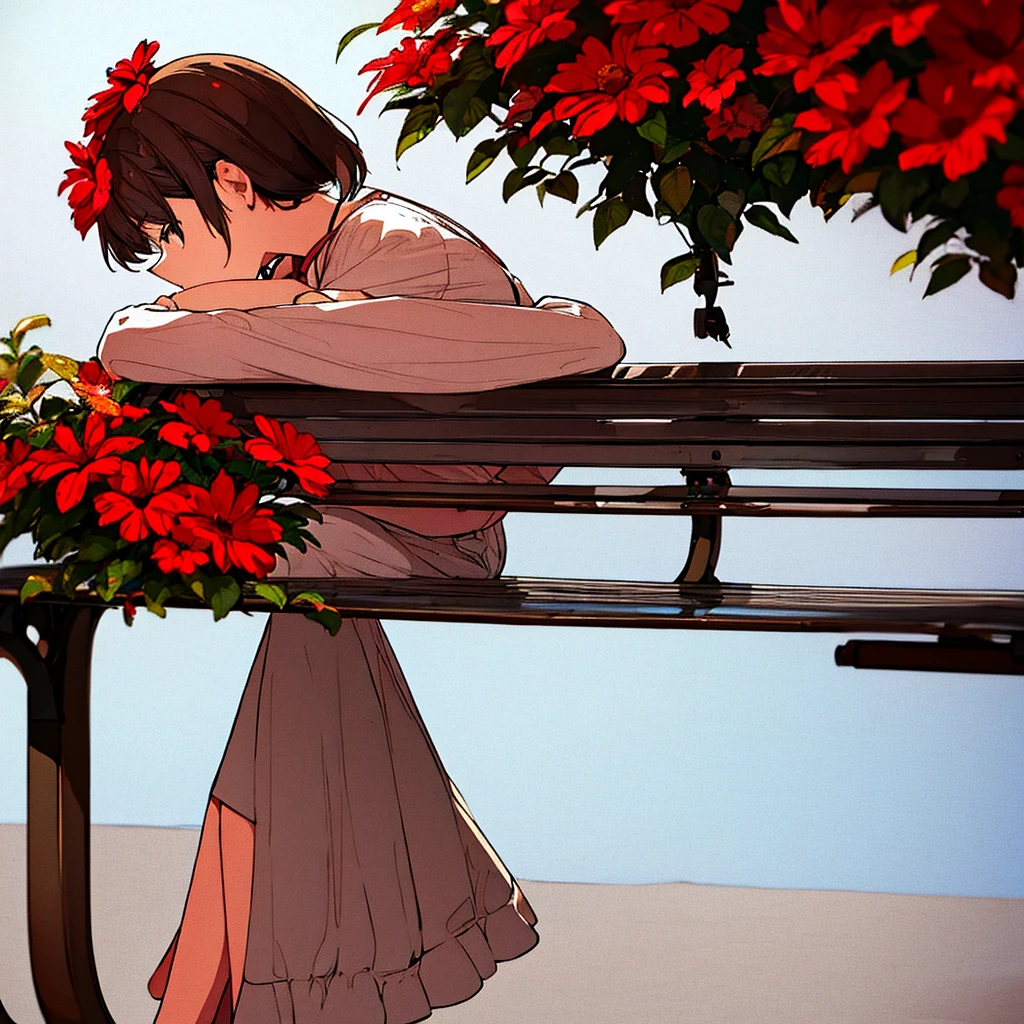 Light gray background Woman sitting on bench Red flowers Summer Brown short hair