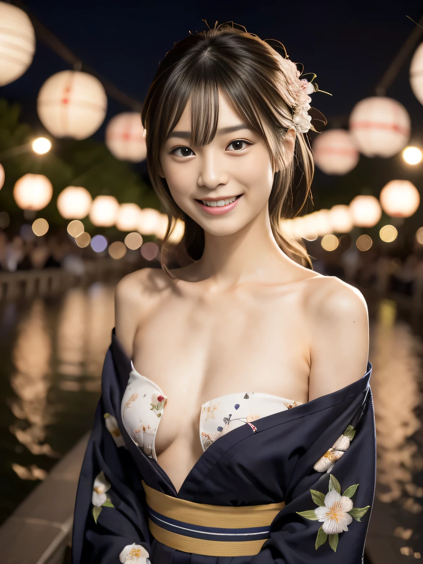 ((japanese traditional night festival, yukata)), ((smiling, sweat, looking at me to seduce, slut)), small breasts, (japanese traditional light-colored-yukata), (traditional festival at night, customers, place many people pass), ((spread legs to show off her light-pubic-hair)), close up her lower body, hair up, (fire works),