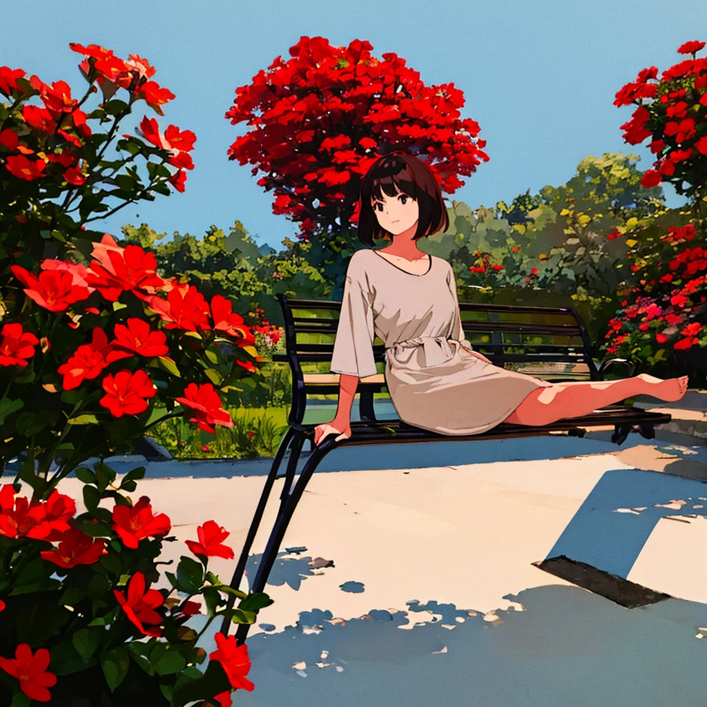 Light gray background Woman sitting on bench Red flowers Summer Brown short hair