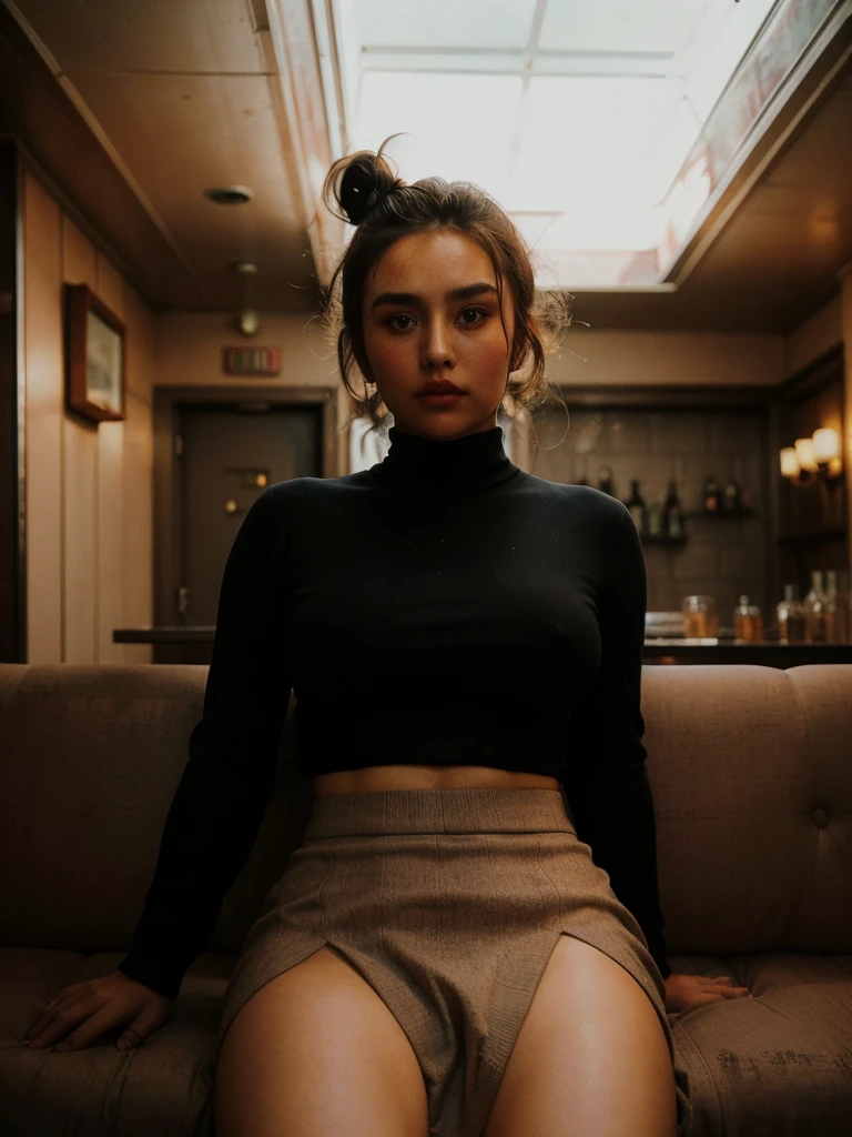 (full body shot:1.3), Best quality, 20y, (chubby:1.2), 1girl, kazakh, wearing sweater and skirt, big breast, (sexy:1.2) (messy bun hairstyle:1.2), hair blowing in the wind, moody, deep shadow, (dramatic posing:1.2), sofa, in vintage bar, detailed face and eyes, (perfect object:1.2), portra 400, (cinematic dark lighting:1.3), (ultra highres;1.3), highly detailed:1.3), masterpiece, (sharp focus:1.2), beautiful film bokeh, (surreal view:1.5), candid style, shot by zenit camera with 35mm lens, Portrait by annie leibovitz