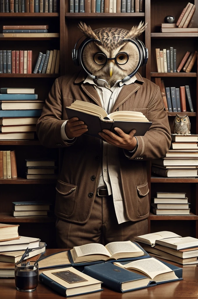 An owl a full body animal, with glasses, headphones reading books, that can be seen on the side of several books, and make it look intellectual. That the books are seen stacked and on the other hand thrown away and among them books are seen on the cover like atomic habits rich dad poor dad