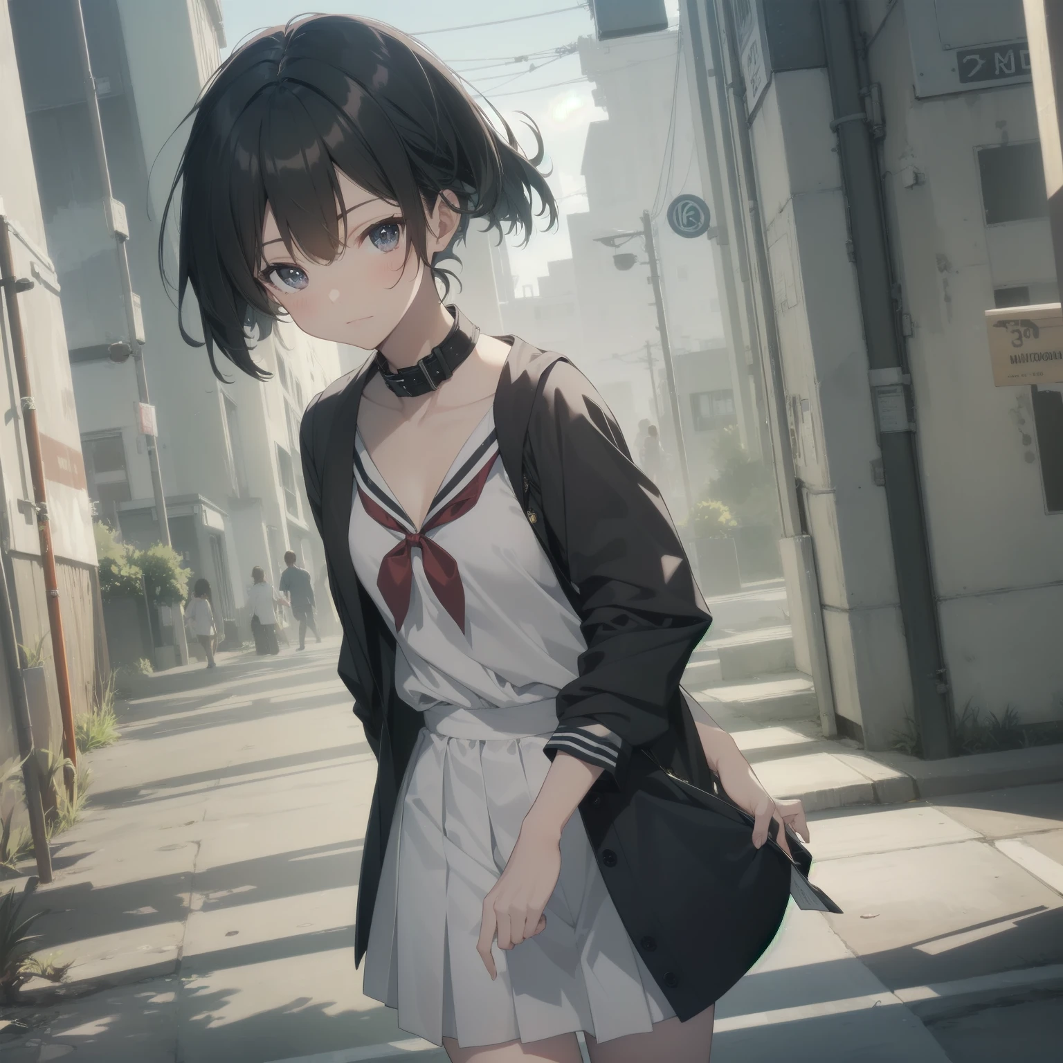 ultra-absurdres-Top quality by artist God, ultra-detailed, high resolution, anime moe artstyle, best anime 8k konachan wallpaper, pixiv contest winner, pool:2810, perfect anatomy,break, 1girl, (Please draw a girl walking sleepily to school alone. )break,(Solo,little female, 13-year-old:1.3),Full limbs, complete fingers,a junior high school student, (very short hair), short cut, flat chest, , small butt, small black eyes, beautiful detailed eyes, well-proportioned iris and pupils, expressive eyes, highres detailed hair, soft expression, salor school_uniform, sailor collar, serahuku, bow, pleated skirt,(Detailed Lighting), (Detailed background), in the School commute route. break,super detailed skin, Best cinematic lighting powered by famous artist, 8k,beauty illustration,photoshop_(medium),very aesthetic,break,((artist:kotorai )), artist:clamp ,artist:carnelian ,artist:kantoku ,