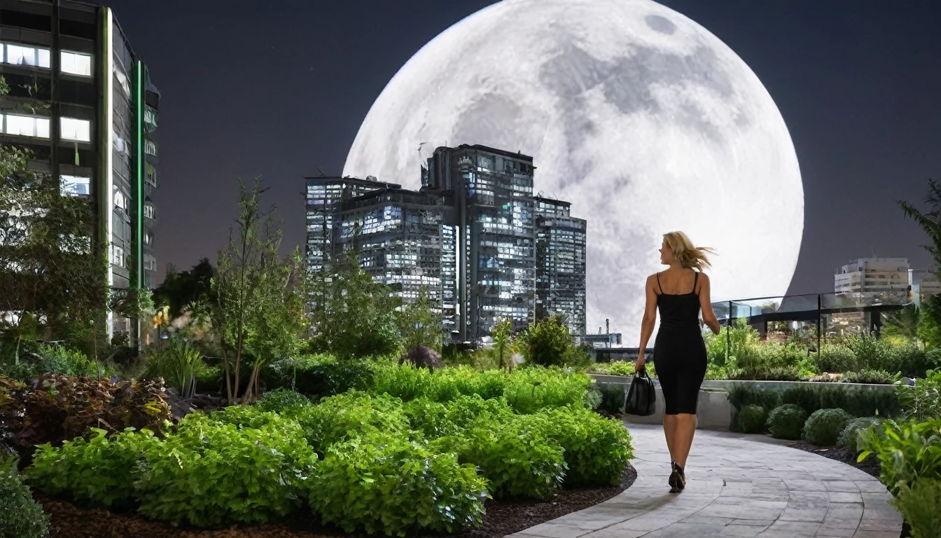 full moon night，A 45 YEAR OLD WHITE WOMAN, walks in a modern urban garden, The city of the future,detailed back ground,