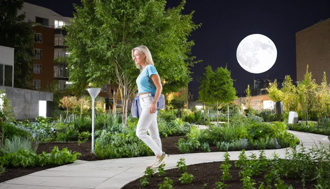 full moon night，A 45 YEAR OLD WHITE WOMAN, walks in a modern urban garden, The city of the future,detailed back ground,