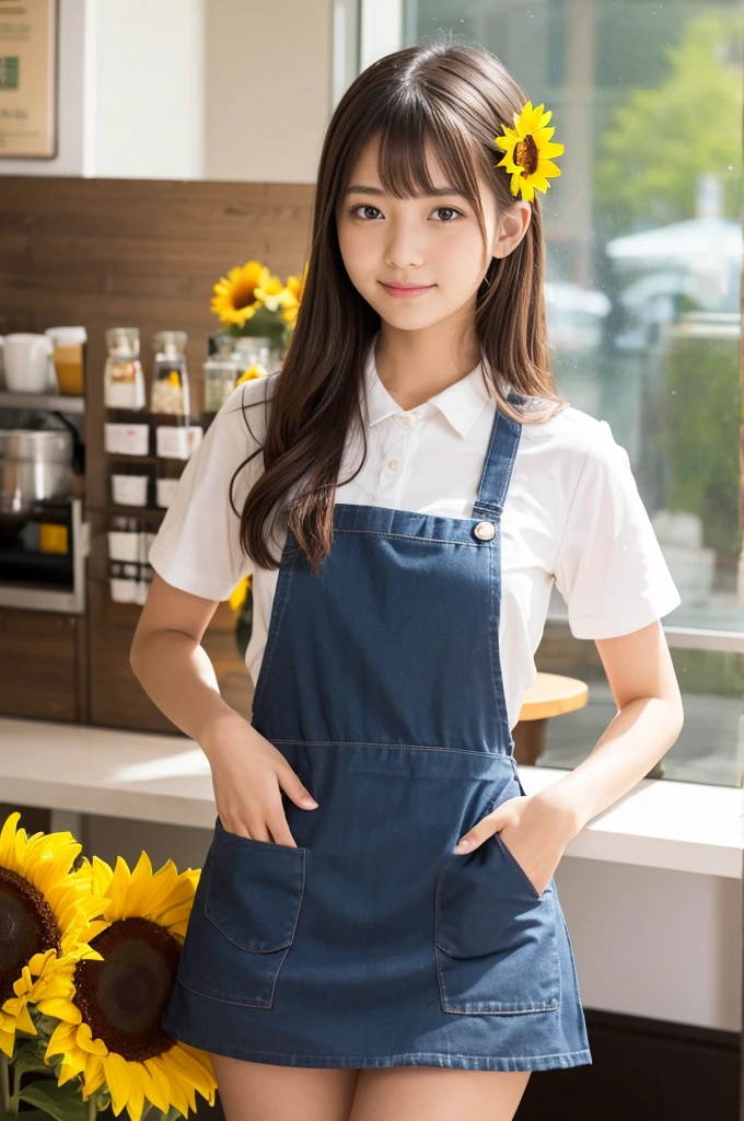 20 years old girl (Japanese cute face) is wearing mini skirt and white apron and working at the cafe with sunflowers