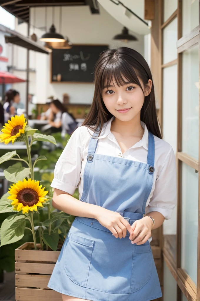 20 years old girl (Japanese cute face) is wearing mini skirt and white apron and working at the cafe with sunflowers