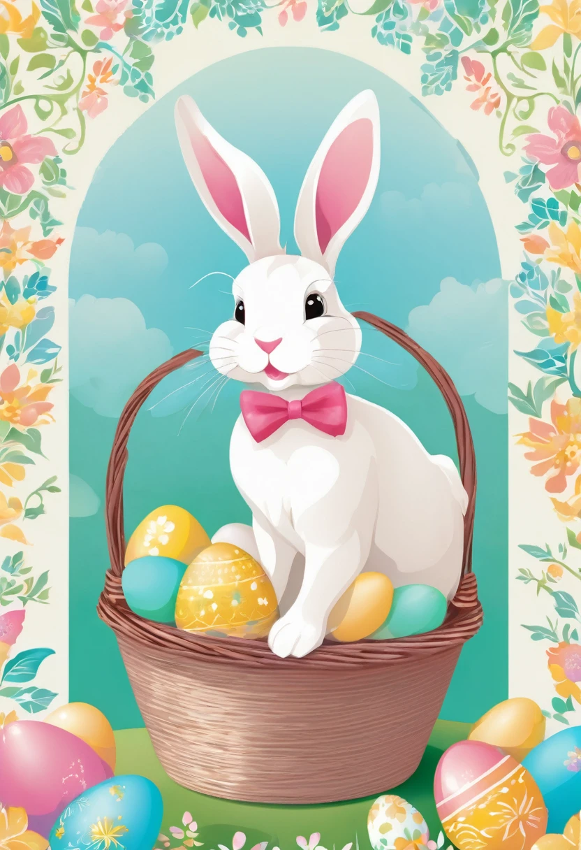 A delightful and colorful vector illustration of an Easter bunny in a serene, pastel-hued setting. The bunny, adorned with a simple yet elegant bowtie, holds a basket brimming with vibrant Easter eggs, each featuring a distinct pattern. The background radiates a festive atmosphere, with an ethereal blend of pastel colors and subtle white hues, text:"Páscoa Feliz," adds a cheerful and welcoming element to the composition, inviting viewers to celebrate the joy of the season.