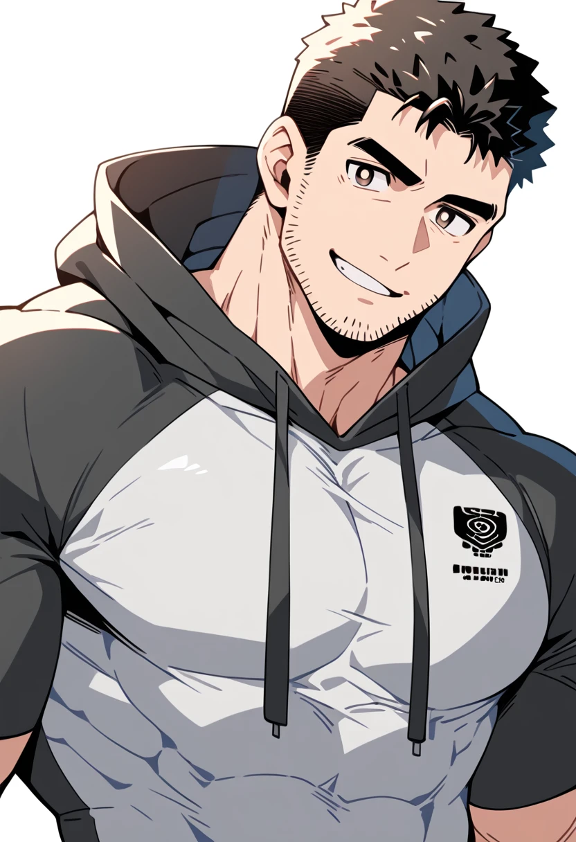 anime characters：Chris Redfield, Muscle Sports Student, Buzz Cut, Manliness, male focus, Sports tight hooded sweatshirt, Wear a black high-necked tights inside, Very tight, Huge chest muscles, muscular male, muscular, only, Upper body, alone, Red short hair, Thick eyebrows, stubble, Brown-red pupils, White background, simple background, amazing quality, best aesthetics, Ridiculous, crew cut, parted lips, smirk, bright pupils, negative space, best quality