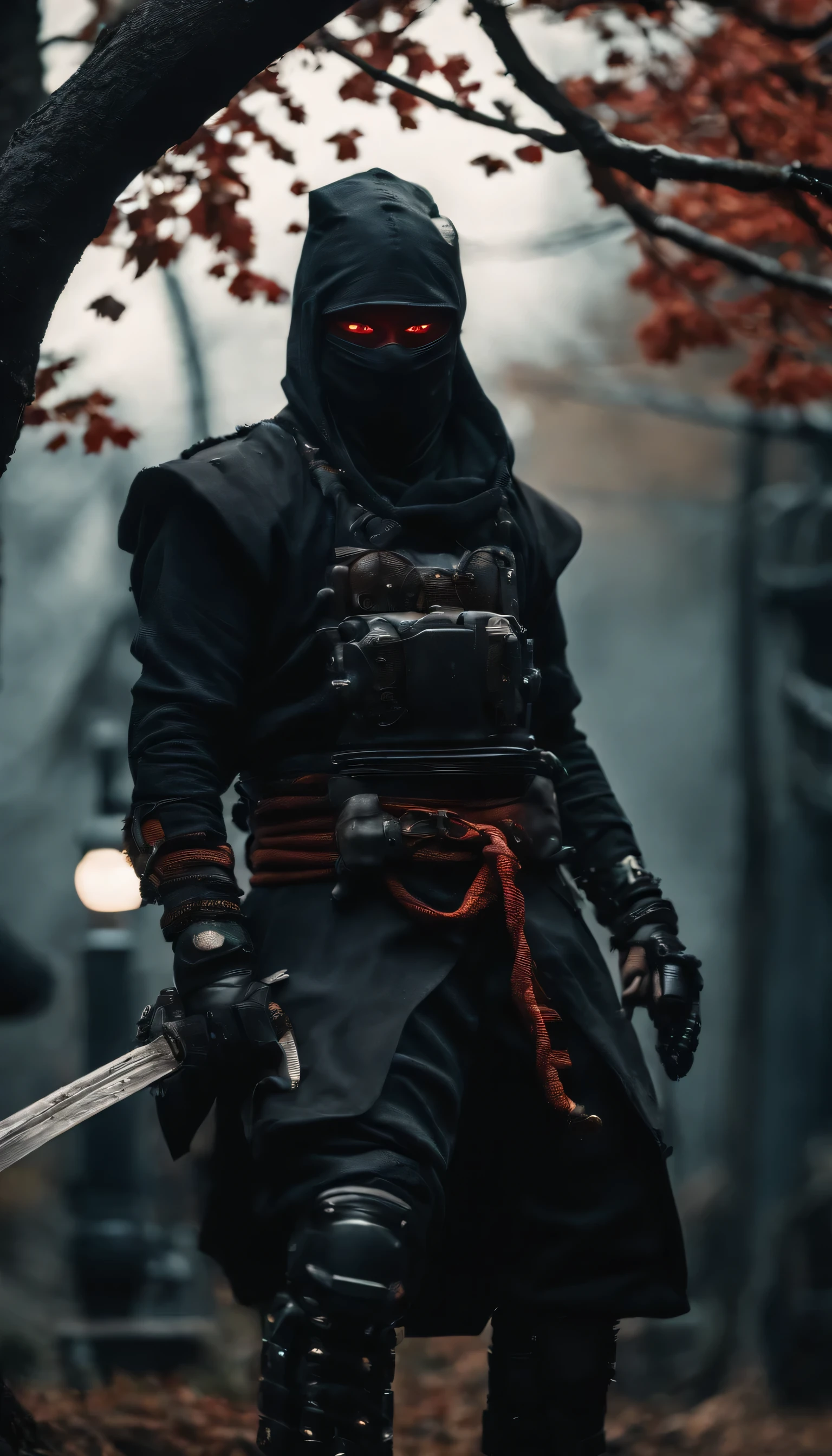 ninja shinobi cyberpunk cyborg robot .sitting on a tree branch.big thighs, at night, yasuke.Ninja wearing a hat. Cyborg shinobi. Red eyes, devil mask, rain. The dark night. Equipped with Sword at the back. Katana is in the back. Robots. Gear. screws. lamp. wire in the back. Catch monsters in alley.real. Tokyo. UE5 CGI