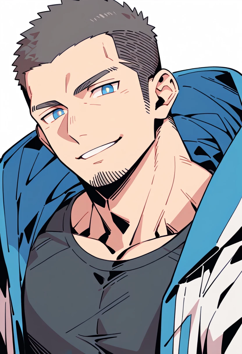 anime characters：Priapus, Muscle Sports Student, Buzz Cut, Manliness, male focus, Sports tight hooded sweatshirt, Very tight, full and perky chest muscles, muscular male, muscular, only, Upper body, alone, Red short hair, Thick eyebrows, stubble, Brown-red pupils, White background, simple background, amazing quality, best aesthetics, Ridiculous, crew cut, parted lips, smirk, bright pupils, negative space, negative space, best quality
