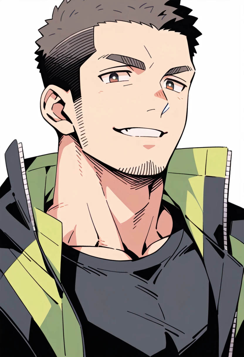 anime characters:Priapus, Muscle Sports Student, Buzz Cut, Manliness, male focus, Sports tight hooded sweatshirt, Very tight, full and perky chest muscles, muscular male, muscular, only, Upper body, alone, Red short hair, Thick eyebrows, stubble, Brown-red pupils, White background, simple background, amazing quality, best aesthetics, Ridiculous, crew cut, parted lips, smirk, bright pupils, negative space, negative space, best quality