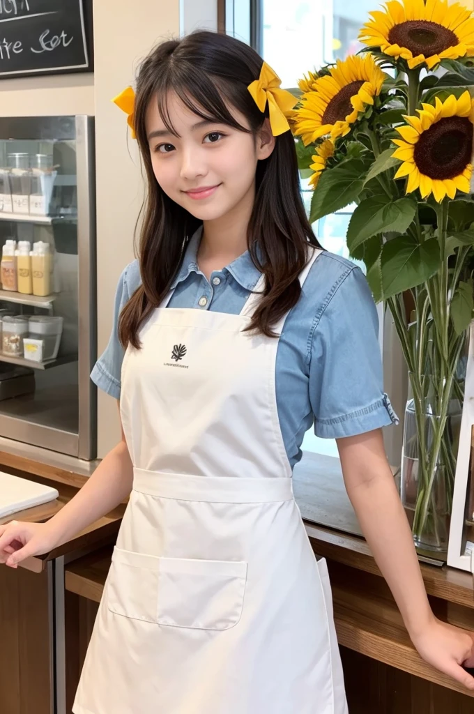 20 years old girl (Japanese cute face) is wearing mini skirt and white apron and working at the cafe with sunflowers