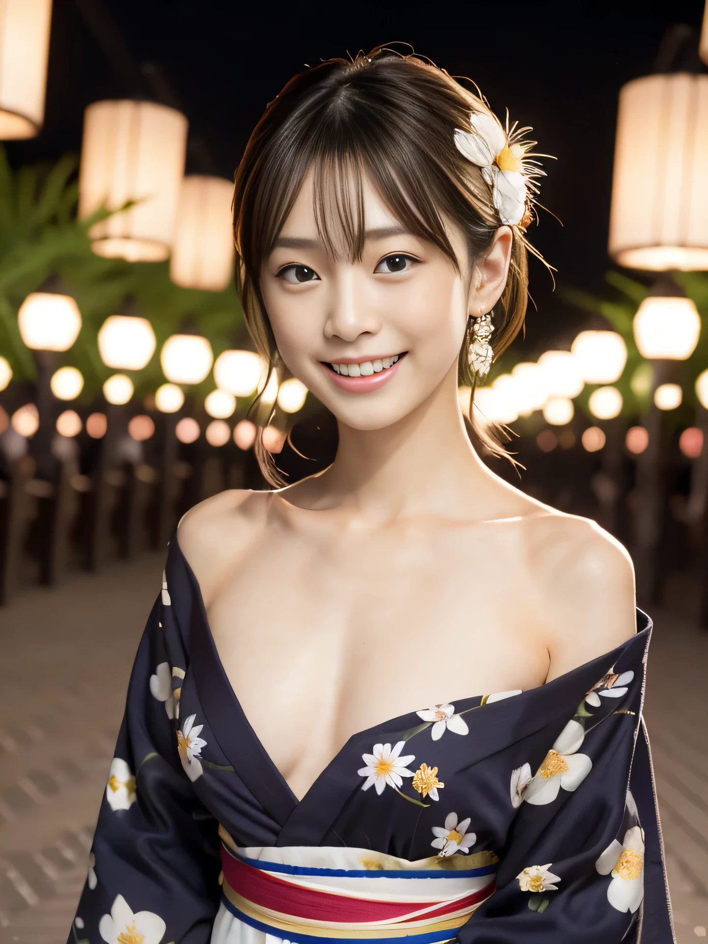 Photorealistic, Ultra-detailed, (Best Quality, 8K, 32K, masterpiece, UHD:1.2), Photo of 22yo pretty Japanese woman, magic wand, solo, bare shoulder, small breasts, Japanese clothes, yukata, brown hair, real life insert, smile, hair ornament, voice actor, grin, floral pattern yukata, night festival, (face focus:1.2),