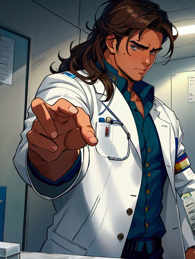 Medium shot,Medicine student ,2nd year , cool , hunk, messy brown hair , in university,uniform
