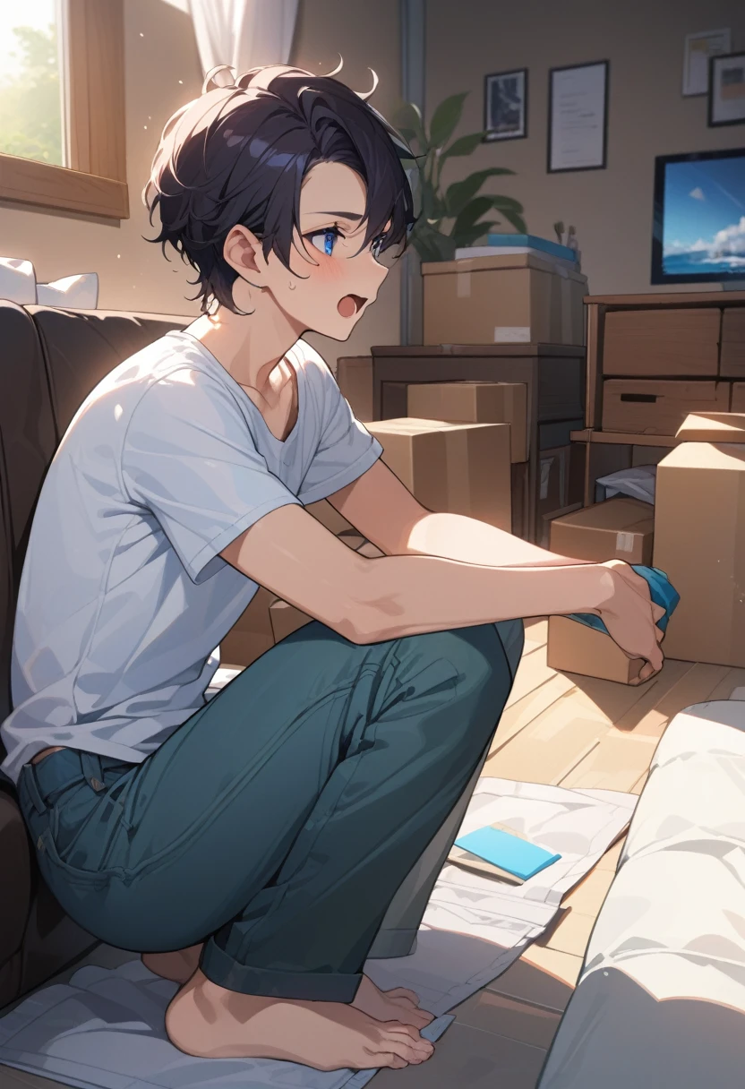 masterpiece, best quality, extremely detailed, ultra detailed, flat anime, 2D, ((1boy)),black hair, (short hair:1.5),blue eyes, height 1.7meters, (circle eyes:1.2), (young adult:1.2), Ear-length sideburns, long Sleeves, White T-shirt, barefoot, ((short sleeves)), ((long pants)), squatting, open mouth, summer, 12AM, livingroom,organizing the boxes., ((portrait)),full body