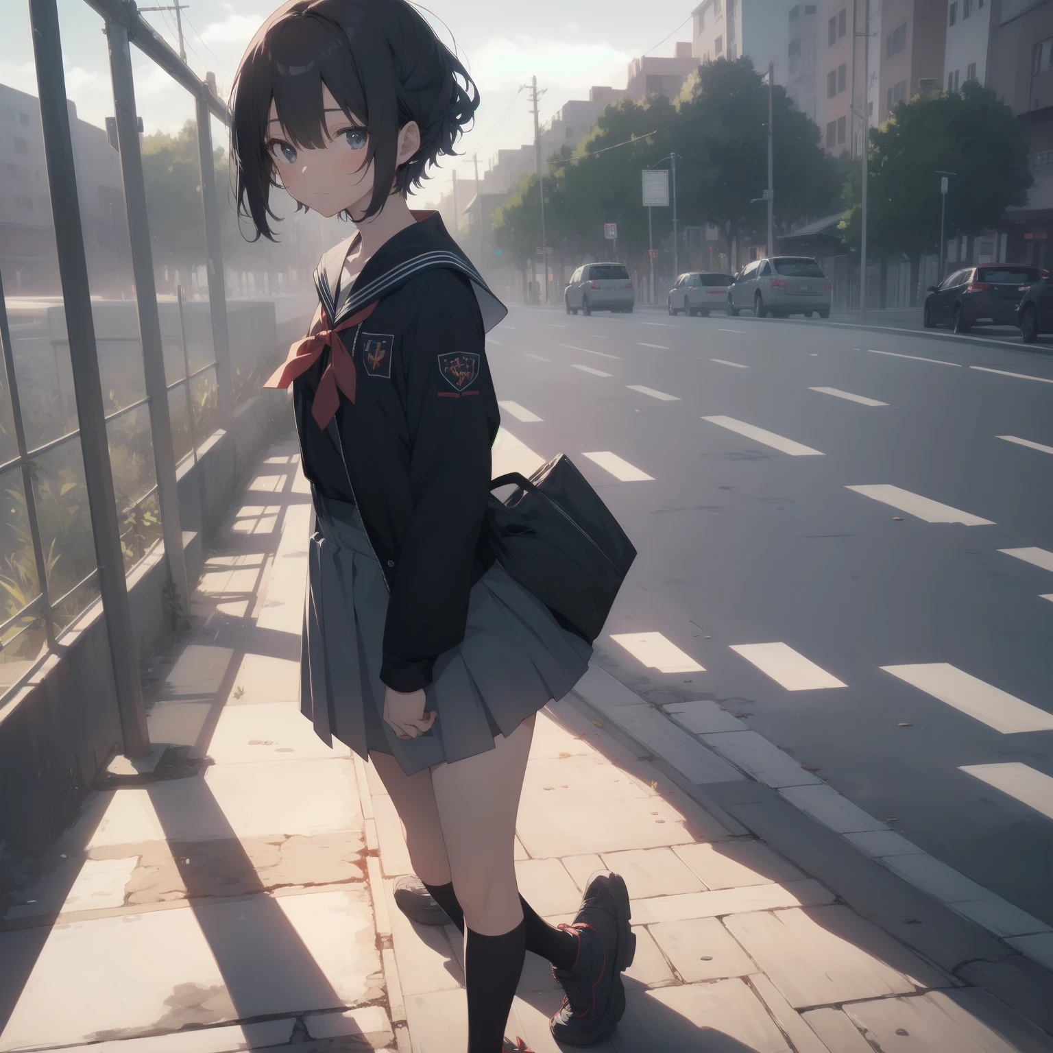 ultra-absurdres-Top quality by artist God, ultra-detailed, high resolution, anime moe artstyle, best anime 8k konachan wallpaper, pixiv contest winner, pool:2810, perfect anatomy,break, 1girl, (Please draw a girl walking sleepily to school alone. )break,(Solo,little female, 13-year-old:1.3),Full limbs, complete fingers,a junior high school student, (very short hair), short cut, flat chest, , small butt, small black eyes, beautiful detailed eyes, well-proportioned iris and pupils, expressive eyes, highres detailed hair, soft expression, salor school_uniform, sailor collar, serahuku, bow, pleated skirt,(Detailed Lighting), (Detailed background), in the School commute route. break,super detailed skin, Best cinematic lighting powered by famous artist, 8k,beauty illustration,photoshop_(medium),very aesthetic,break,((artist:kotorai )), artist:clamp ,artist:carnelian ,artist:kantoku ,
