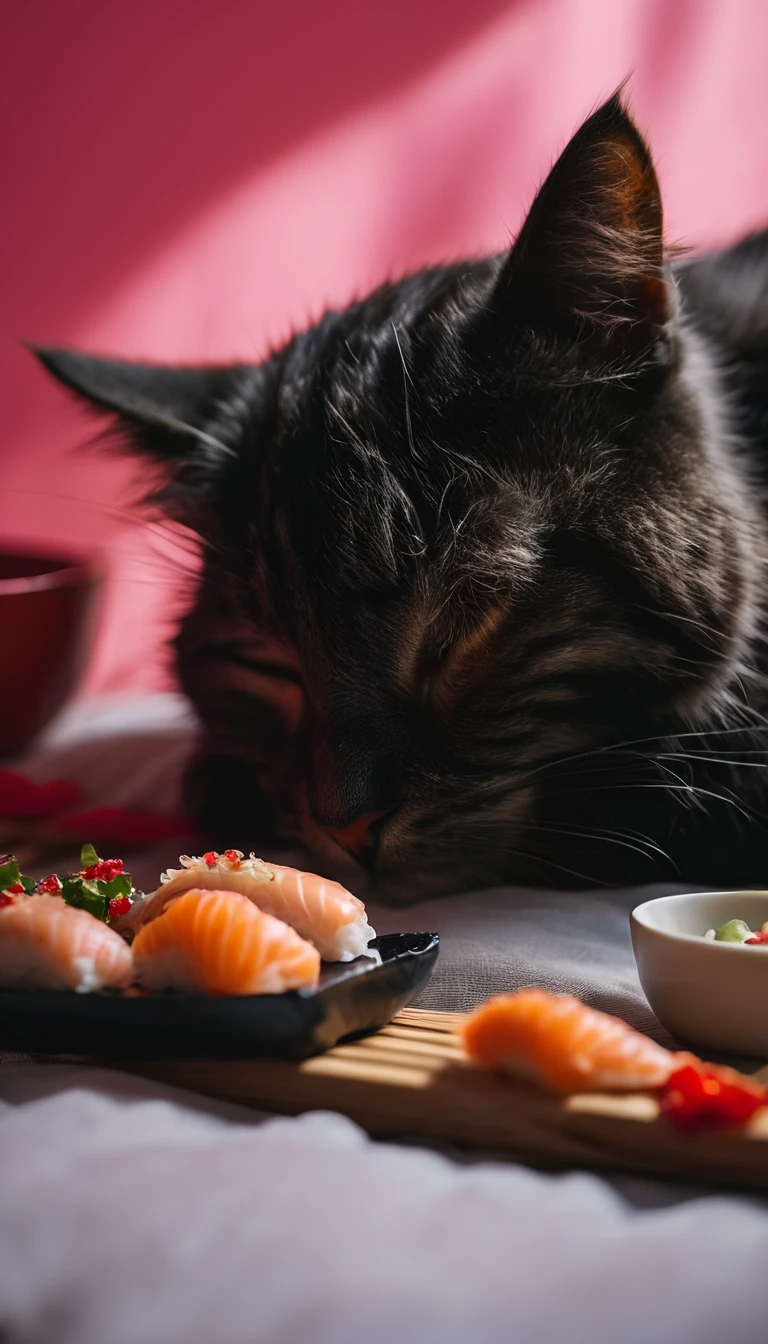 Feelings ,
cinematic film still of Juxtaposition of a cat is sleeping on a sushi bed:0.8 roll,simple background,closed eyes,lying,food,no humans,animal,cat,pink background,sleeping,realistic,animal focus,food focus,sushi,makizushi Juxtaposition,artistic,photography,dramatic light,dramatic shadow light,contrast,saturated color,cinematic,filmic,photographic,realistic,realism,perfection,perfect,Juxtaposed,opposite,different things,side by side,syncretism,antithesis,Juxtaposition style,makizushi , creative, photorealism, hyperrealism, Fine art photography style, Fine art cinematic photography style, Eerie, unsettling, dark, spooky, suspenseful, grim, highly detailed, shallow depth of field, vignette, highly detailed, high budget, bokeh, cinemascope, moody, epic, gorgeous, film grain, grainy