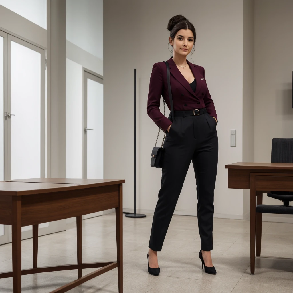 Générez une photo captivante du corps entier d’Isabella, incarner le rôle d’un professeur sophistiqué dans un cadre universitaire luxueux. elle se tient avec assurance et confiance, ses cheveux brun foncé coiffés dans un chignon élégant qui ajoute à son apparence raffinée. Isabella possède une figure sculpturale, avec des courbes qui respirent la beauté discrète et la sophistication, complétant son attitude raffinée. Son teint est éclatant, avec une douce lueur qui rehausse son charme classique. Habillé d’une tenue chic et professionnelle taillée à la perfection, Isabella respire la sophistication et l’autorité. Elle porte une jupe crayon ajustée dans une riche teinte bordeaux qui accentue sa taille fine et ses courbes avec goût.. Associé à un chemisier blanc impeccable avec des volants délicats et un décolleté modeste, son ensemble respire l’élégance et le professionnalisme. Son look est complété par des talons noirs élégants qui ajoutent un subtil rehaussement à sa posture., améliorer son attitude équilibrée. Placez Isabella dans une salle de classe universitaire luxueuse avec un mobilier moderne et élégant qui respire le raffinement et l'opulence.. La toile de fond doit inclure des bureaux en bois poli, chaises en peluche, Et doux, éclairage ambiant qui ajoute à l’atmosphère de sophistication. Pour sa pose, capturez Isabella dans une position équilibrée, avec une main posée doucement sur le podium et l’autre tenant une pile de papiers, symbolisant son rôle d’éducatrice. Assurez-vous que l’image capture l’essence de la présence sophistiquée d’Isabella, incarnant le professionnalisme et l’allure d'un enseignant dans un cadre universitaire de luxe. décolleté chaud, grandes hanches, Taille serrée. regard tentant, sexy et élégant, soutien-gorge pigeonnant, belle apparence, léger sourire