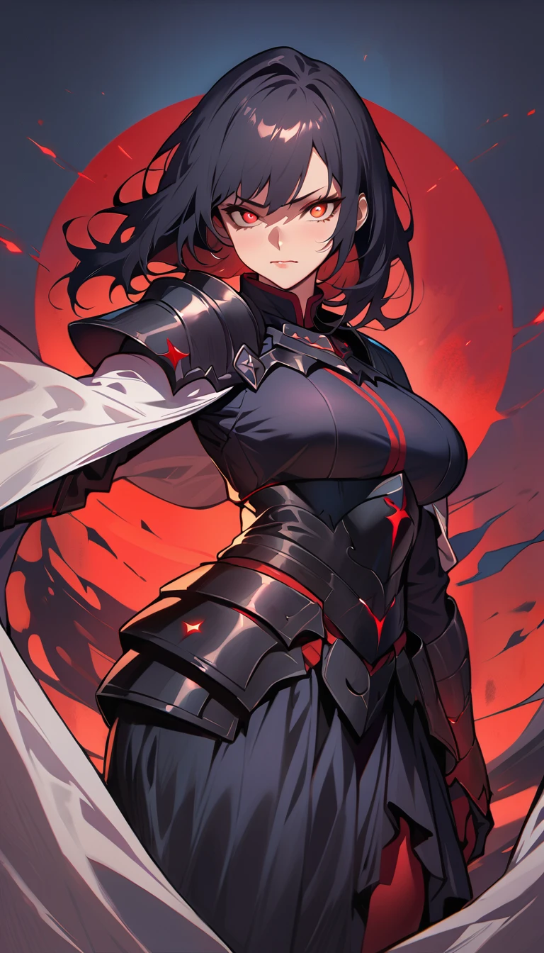 (high quality, 8k, 4K, high contrast, artwork:1.2, high quality, best aesthetics), (centered), ((1 woman)), erotic, sensual, mature body, super detailed, beautiful face detailed, beautiful eyes detailed, detailed beautiful mouth, perfect breats, perfect wide thighs, (black hair), (short black hair), (messy black hair), (red eyes glowing), (smudged eyeliner), (serious expression), (black medieval armor), (shoulder pads), (long white cape), (ruffled black skirt), (standing), (looking at the viewer), (piercing gaze), (red sun in the background), (red lighting)