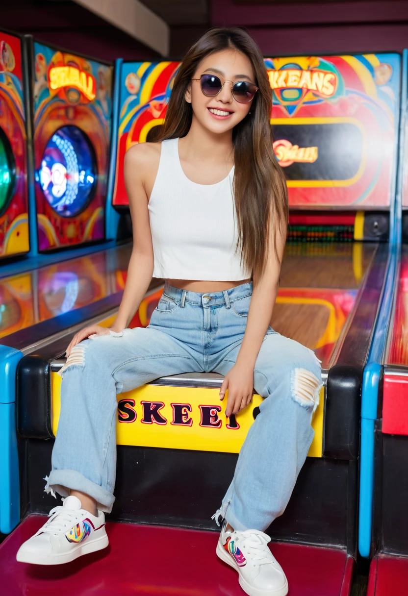 A young girl with long hair sits casually on a skee-ball machine in an arcade. She is wearing a white crop top, ripped light blue jeans, and white sneakers. She has sunglasses on and strikes a confident pose. The background features colorful skee-ball machines with bright lights and vibrant colors.