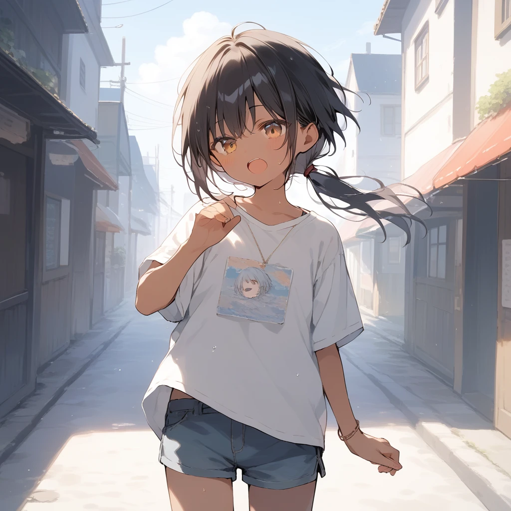 score_9, score_8_up, score_7_up, source_anime, best quality, masterpiece, official art, absurdres, highres, ultra-detailed,waifu2x,Collection: Slice of Life,break,1girl, tomboy, dark-skinned female, short hair, low ponytail, flat chest, beautiful detailed eyes, short shorts, sweat, open mouth, (yawn:0.3), sleepily, outdoors, wind,break,(clear line illustration:1.2), super detailed skin,very high resolution, very aesthetic, Best sexual lighting powered by famous artist, 8k,cute picture,beauty illustration,photoshop_(medium),,(Detailed Lighting),best anime 8k konachan wallpaper, pixiv contest winner, 