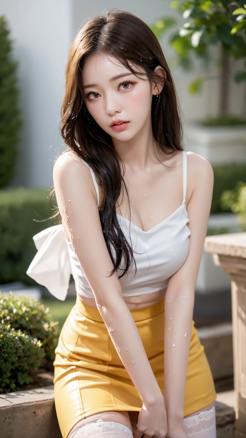 a young asian woman with a malay-like face, wearing a white shirt with abstract black and red patterns, black jeans, holding a green, yellow and red parrot, with a wolf cut hairstyle in the korean style, realistic, professional photography, high quality, HD, bright lighting, high resolution, photorealistic
