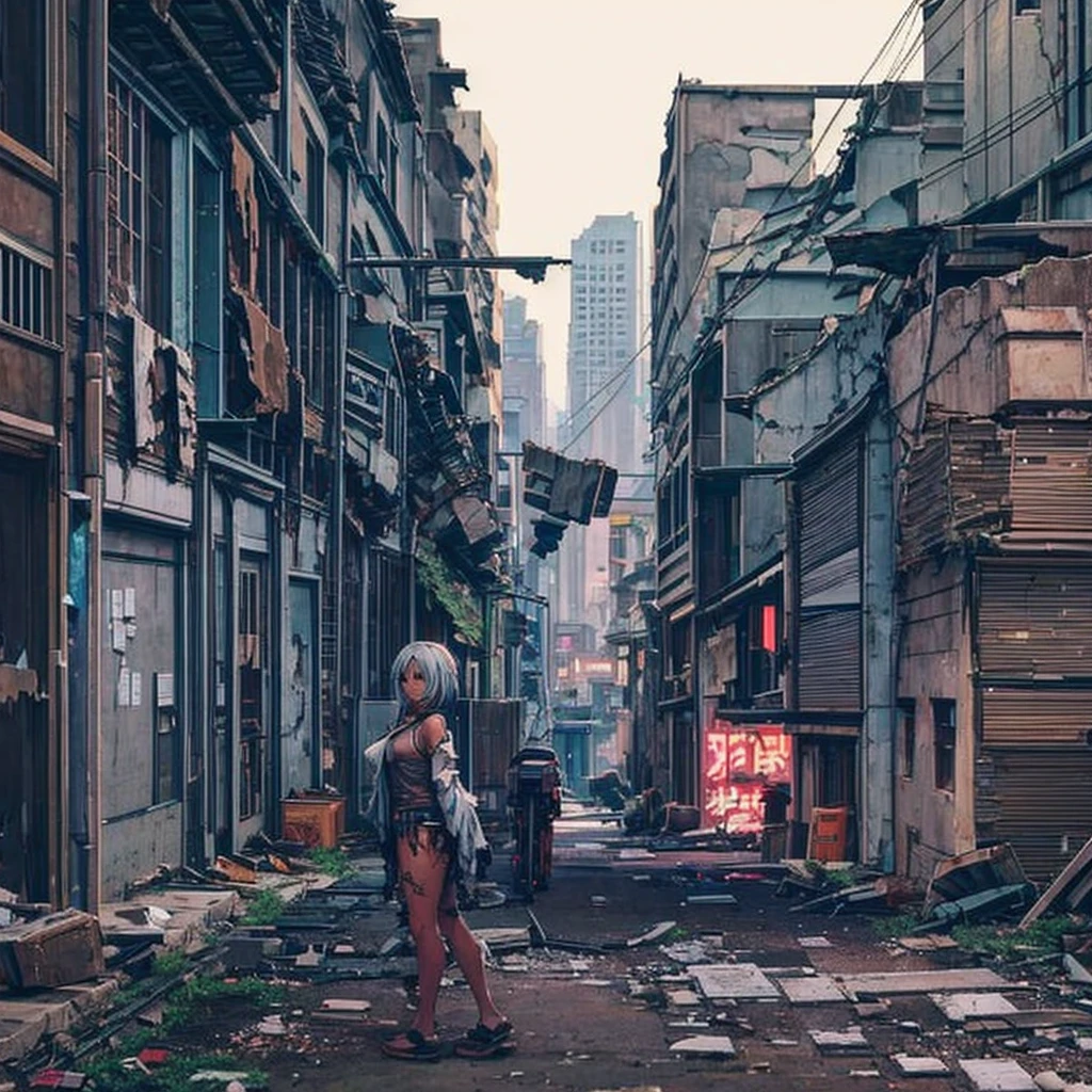 Girl in torn clothes, Panties are slightly visible, Crouching near an alley, in a dark and Destroyed city, With a touch of lighting, Anime scenery, Decayed City, poorly lit,  walking in the city, Destroyed city