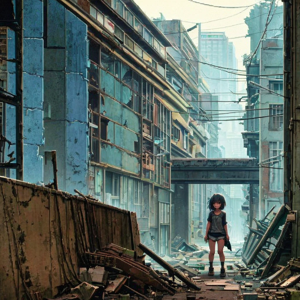 Girl in torn clothes, Panties are slightly visible, Crouching near an alley, in a dark and Destroyed city, With a touch of lighting, Anime scenery, Decayed City, poorly lit, walking in the city, Destroyed city
