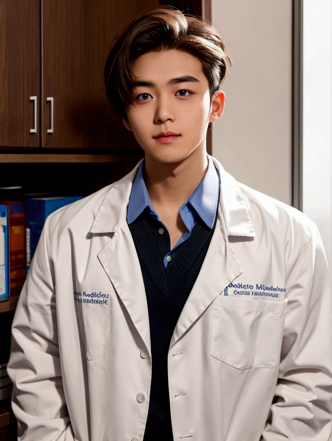 Medium shot,Medicine student ,2nd , cool , hunk, messy brown hair , in university,uniform