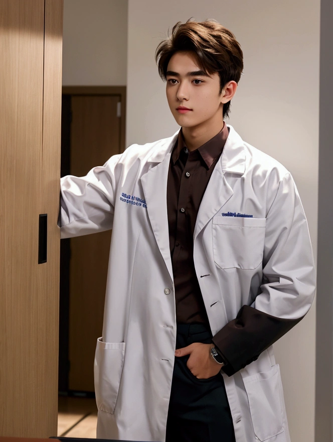 Medium shot,Medicine student ,2nd year , cool , hunk, messy brown hair , in university,uniform