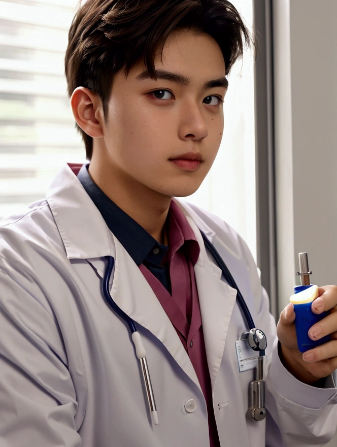 Medium shot,Medicine student ,2nd year , cool , hunk, messy brown hair , in university,uniform