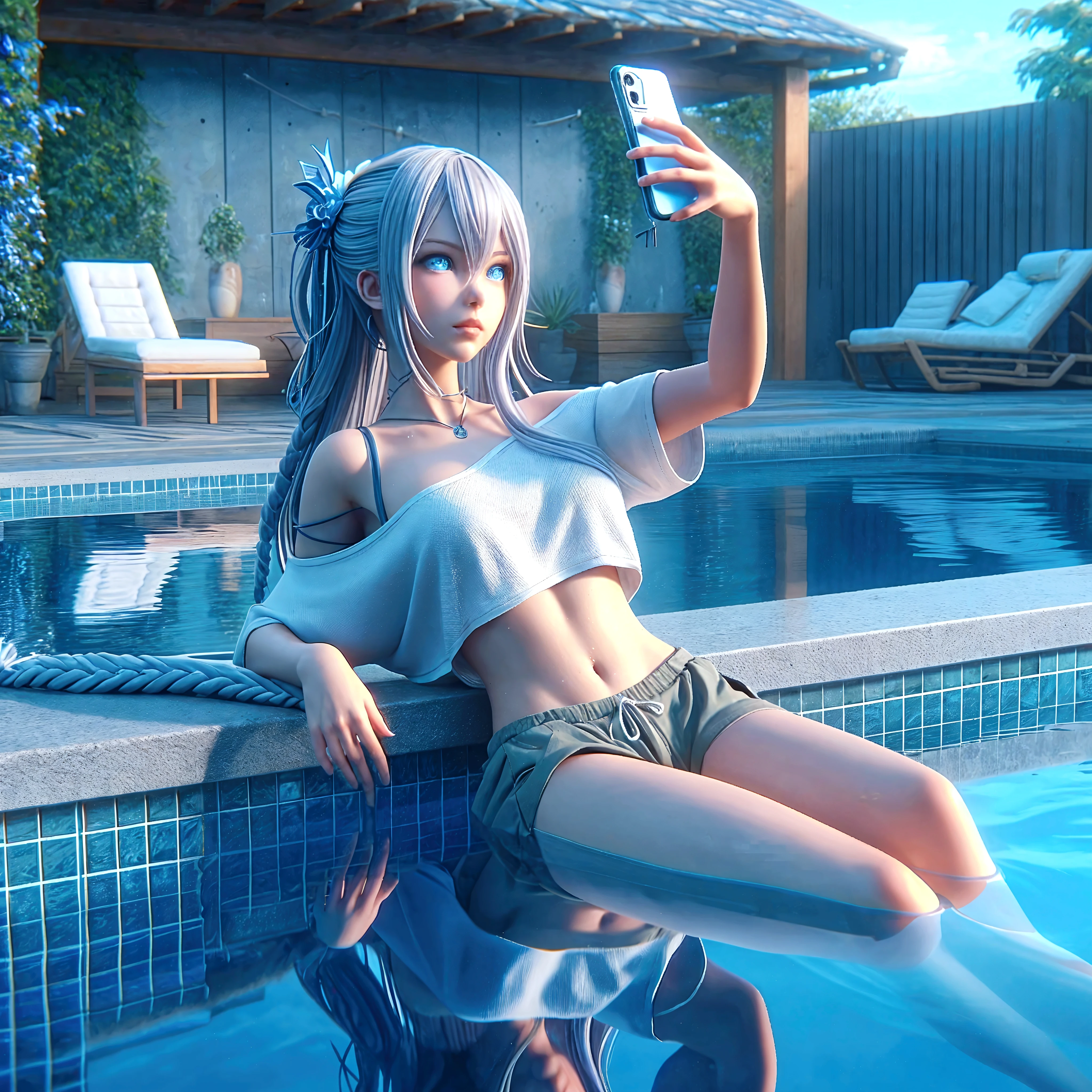 anime girl sitting on edge of swimming pool with cell phone, next to a pool, realistic bikini, wearing swimsuit, pool-side, pixiv 3dcg, swimsuit, in a swimming pool, azur lane style, seductive anime girls, Sitting in the pool, from girls frontline, at pixiv, Smooth anime CG art, 3d anime girl