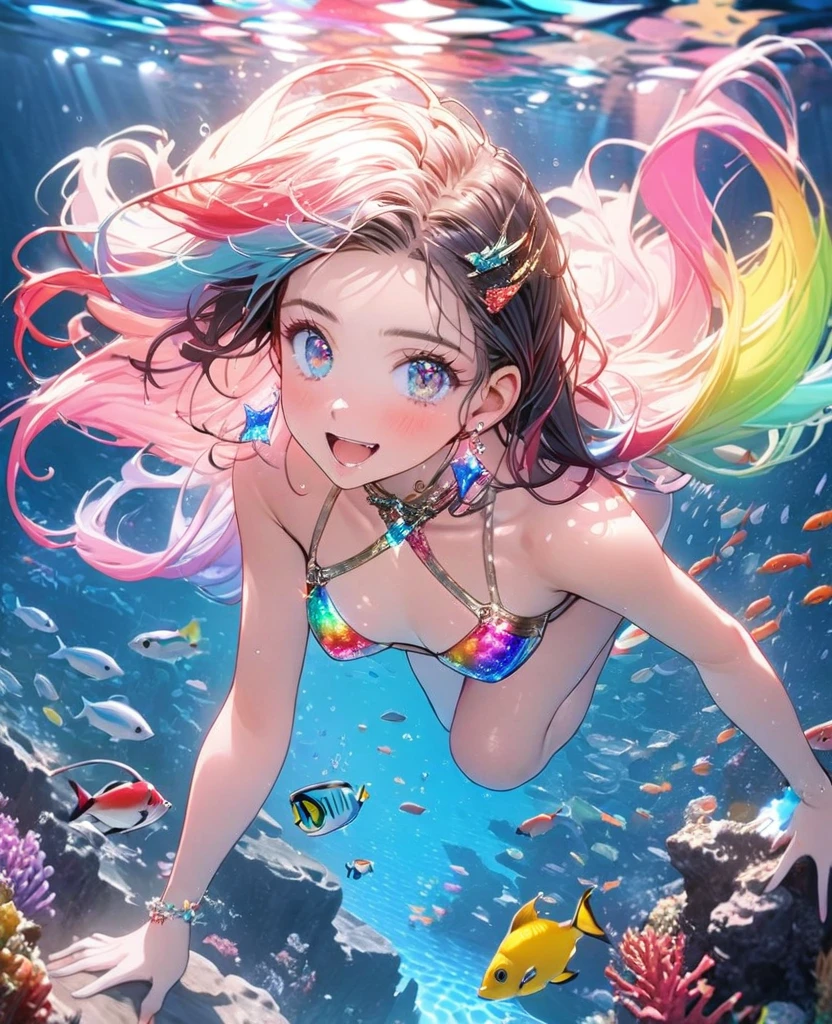 8K,gal，an extremely delicate and beautiful,Beautiful and realistic skin,Shiny jewel-like earrings,Shine like glitter long colorful hair,beautiful eyes,Shine like glitter bikini,diving,beautiful sea,colorful fish,glitter background,full body