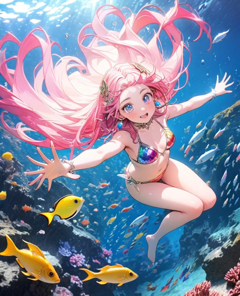 8K,gal，an extremely delicate and beautiful,Beautiful and realistic skin,Shiny jewel-like earrings,Shine like glitter long colorful hair,beautiful eyes,Shine like glitter bikini,diving,beautiful sea,colorful fish,glitter background,full body