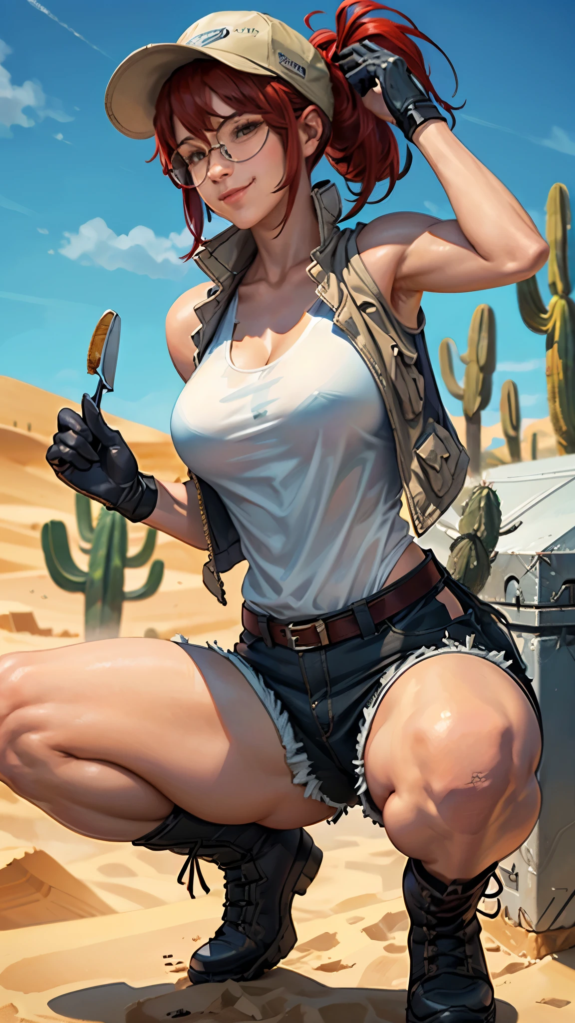 fio germi, glasses, red hair, ponytail, hat, vest, white tanktop, gloves, shorts, boots, kneepads, looking at viewer, serious, smirk, squatting, spreading legs, outside, desert, holding a knife, cactus, blue sky, extreme detail, masterpiece, 