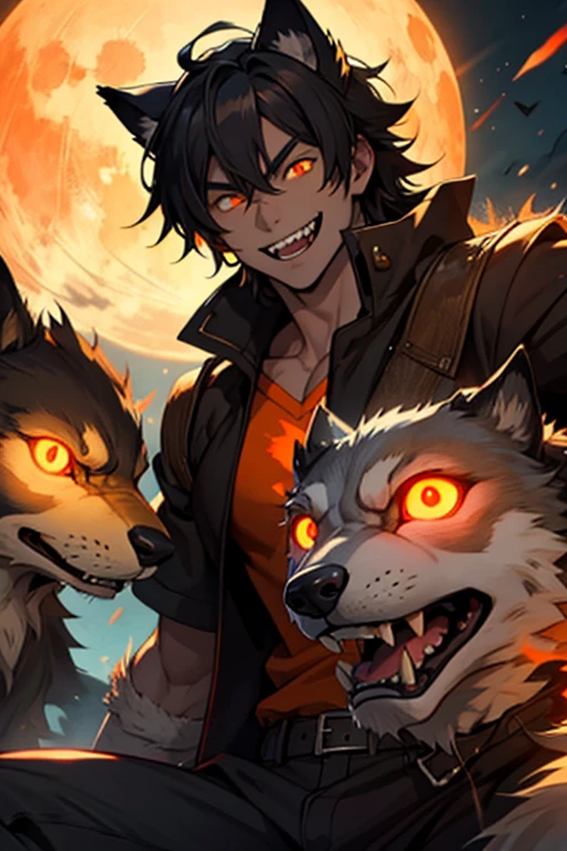 High school werewolf boy, smiling with fangs, orange glowing eyes