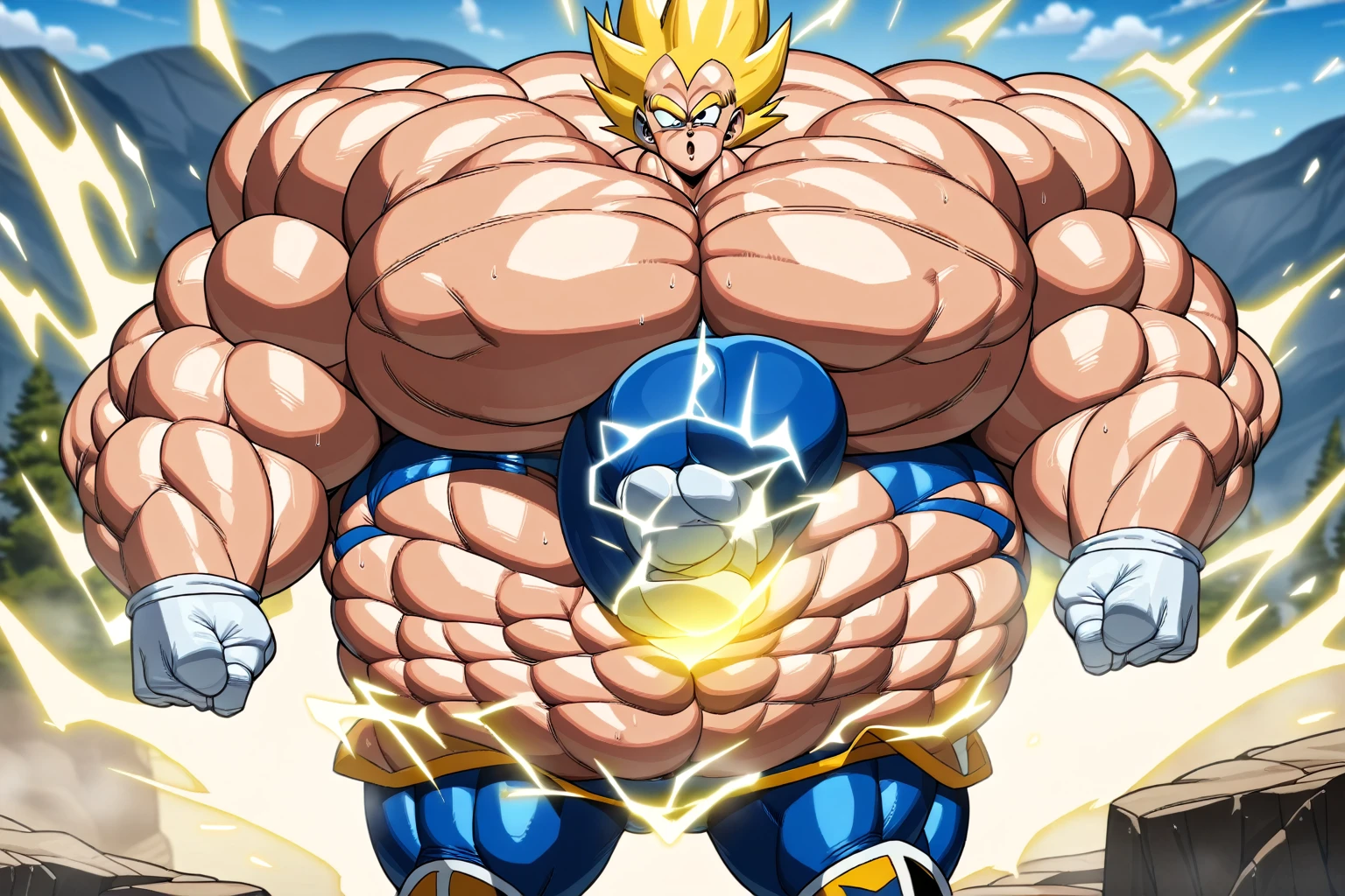 1boy, Vegeta, from Dragon Ball Z, masterpiece, best quality, very aesthetic, absurdres, saiyan, green eyes, spiked hair, (yellow hair:1.5), shirtless, blue skintight pants, white gloves, (huge muscles:3.5), dragonballartstyle, in the style of Akira Toriyama, white tiled floor, outdoors, flat-top mountains, nipples, yellow aura, electricity, (blue skintight pants:2)